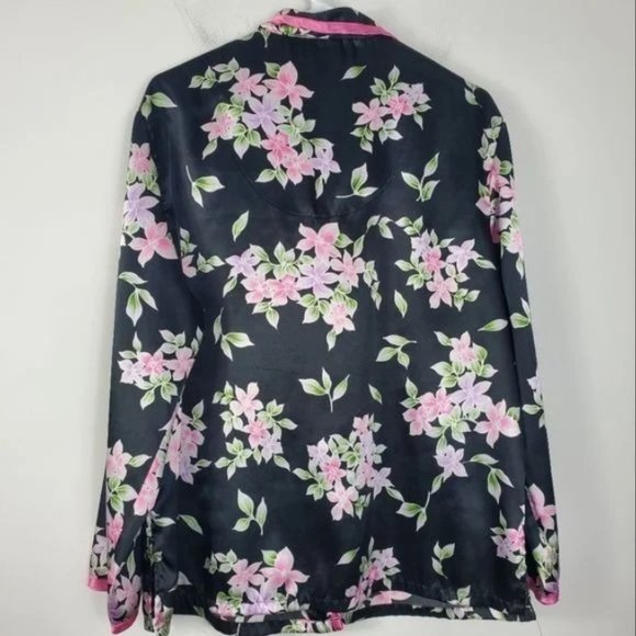 Black Floral Satin PJ Set Pajama Set Womens Size L Button Up Elastic Waist Pant - Picture 4 of 5